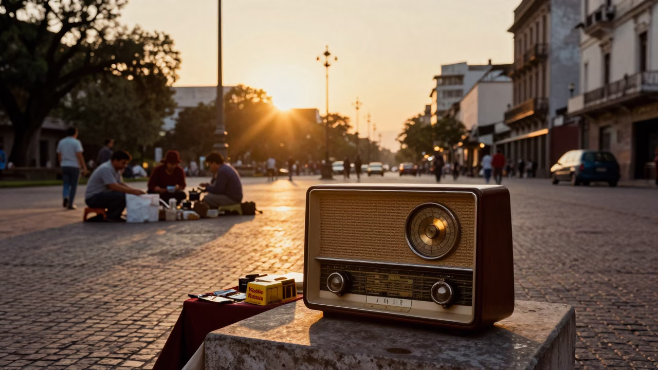 Golden Hour Street Scene in Buenos Aires Argentina with Vintage Radio and Wash Basin in in Buenos Aires, Argentina