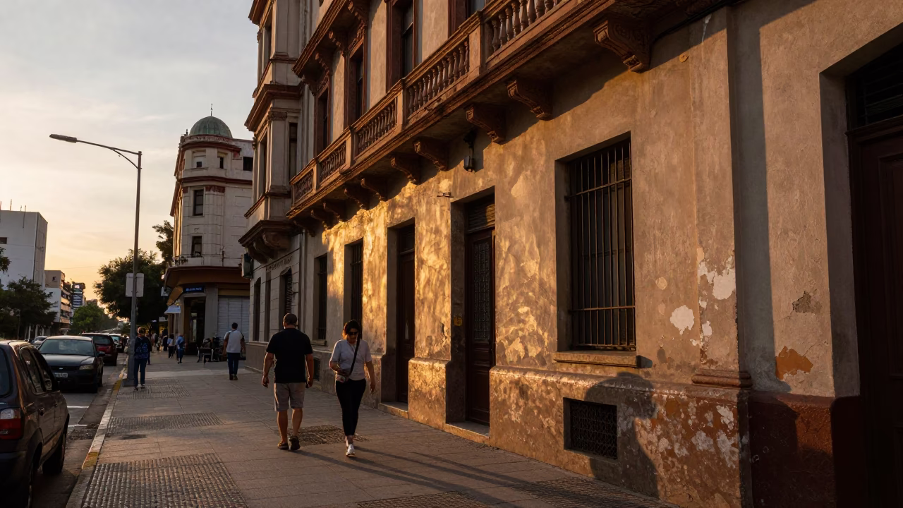 Golden Hour Street Scene in Buenos Aires Argentina with Worn Varnish Detail in in Buenos Aires, Argentina