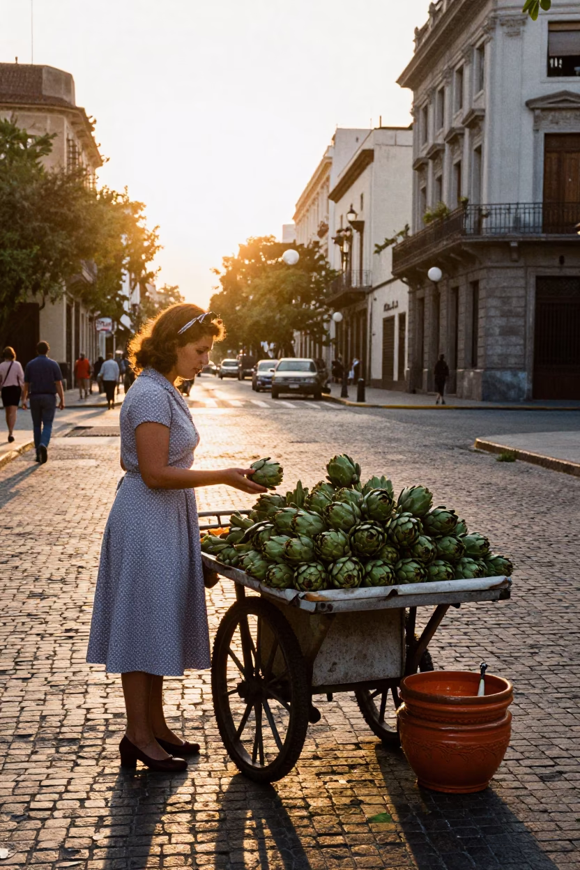 Golden Hour Street Scene in Buenos Aires with Artichokes and Vintage Details in in Buenos Aires, Argentina