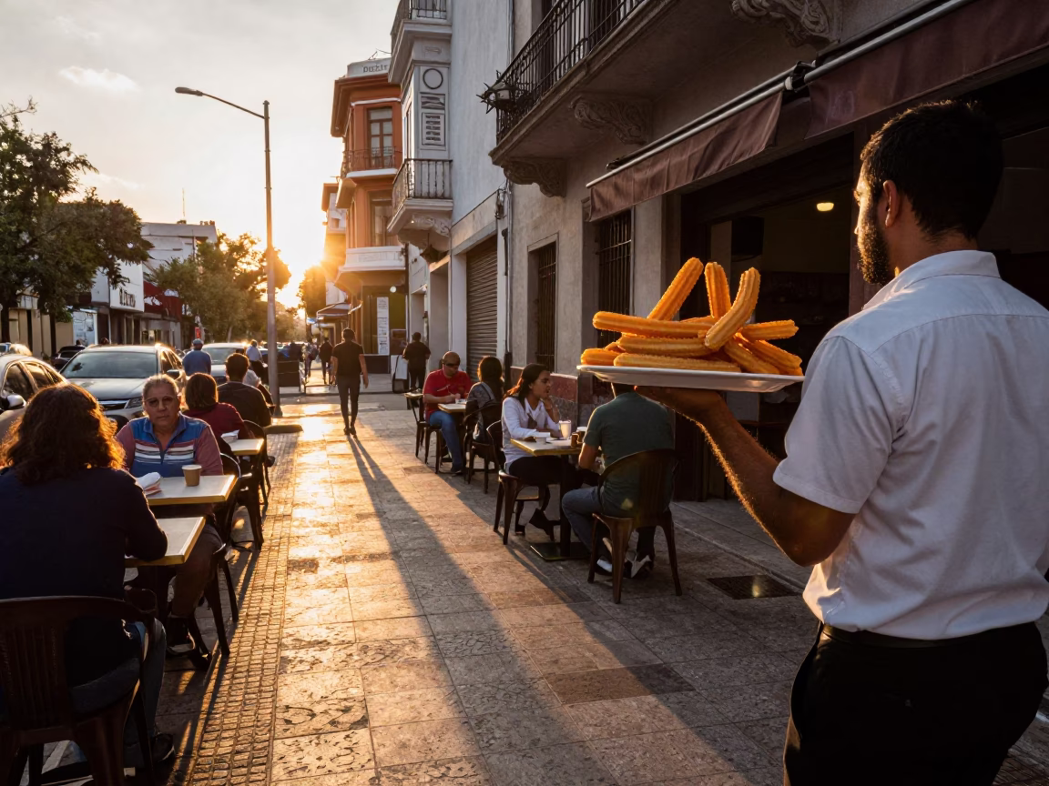 Golden Hour Street Scene in Buenos Aires with Churros and Dulce de Leche in in Buenos Aires, Argentina