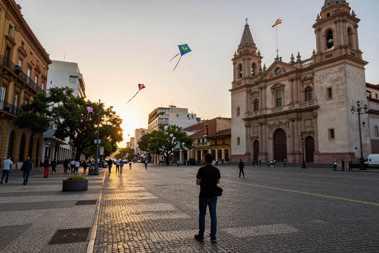 Golden Hour Street Scene in Buenos Aires with Kites and Cobblestone Plaza in in Buenos Aires, Argentina