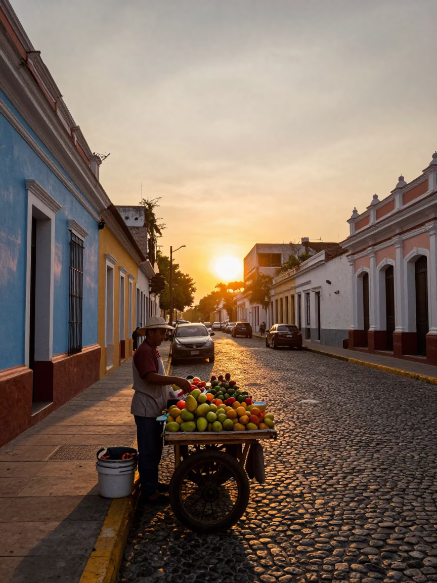 Golden Hour Street Scene in Buenos Aires with Local Market Goods in in Buenos Aires, Argentina