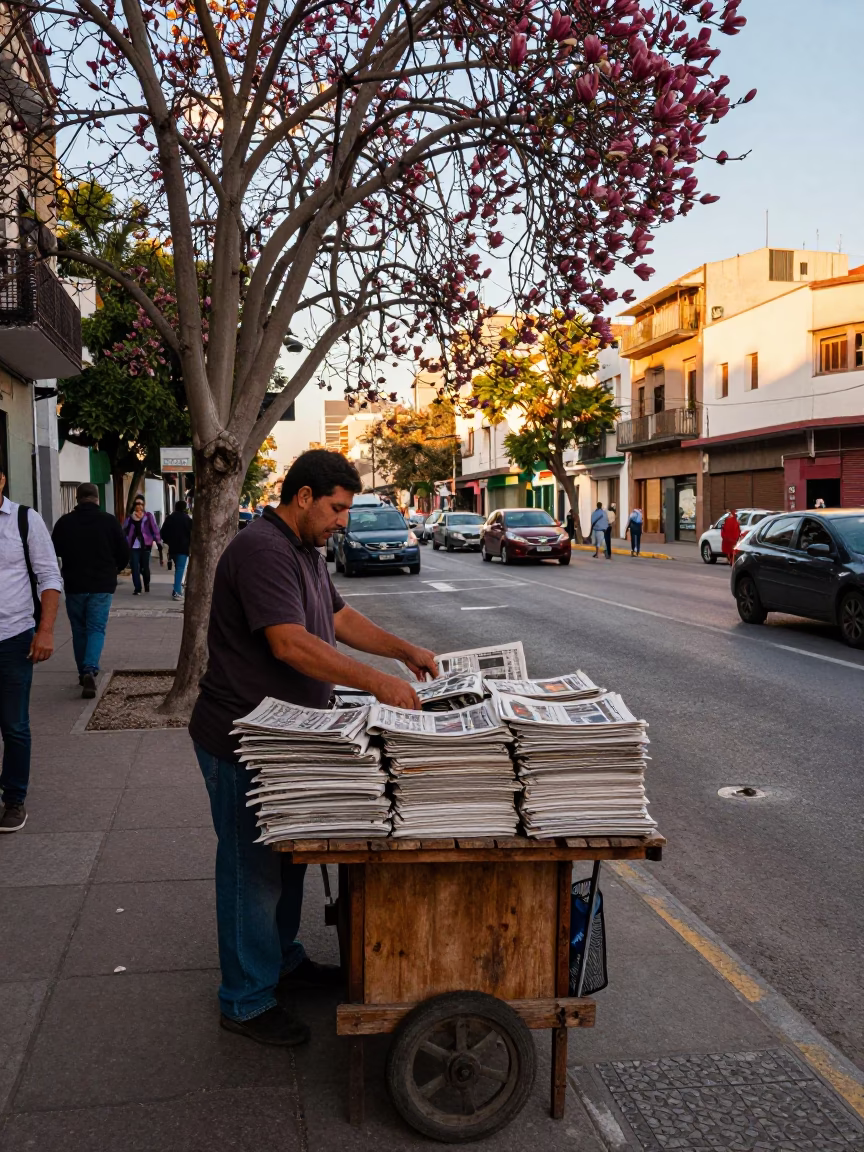 Golden Hour Street Scene in Buenos Aires with Newspaper Stack and Magnolia Tree Bloom in in Buenos Aires, Argentina
