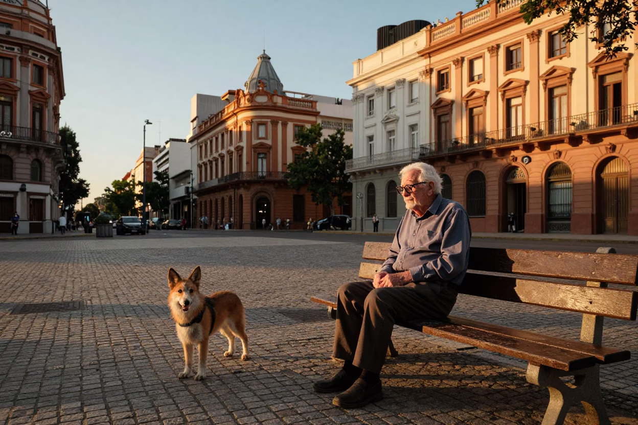 Golden Hour Street Scene in Buenos Aires with Retired Astronomer and Wire Fox Terrier in in Buenos Aires, Argentina