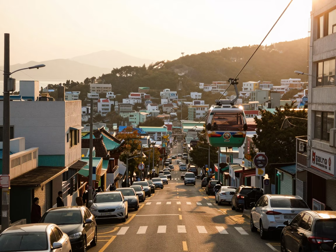 Golden Hour Street Scene in Busan South Korea with Aerial Tramway and Urban Life in in Busan, South Korea