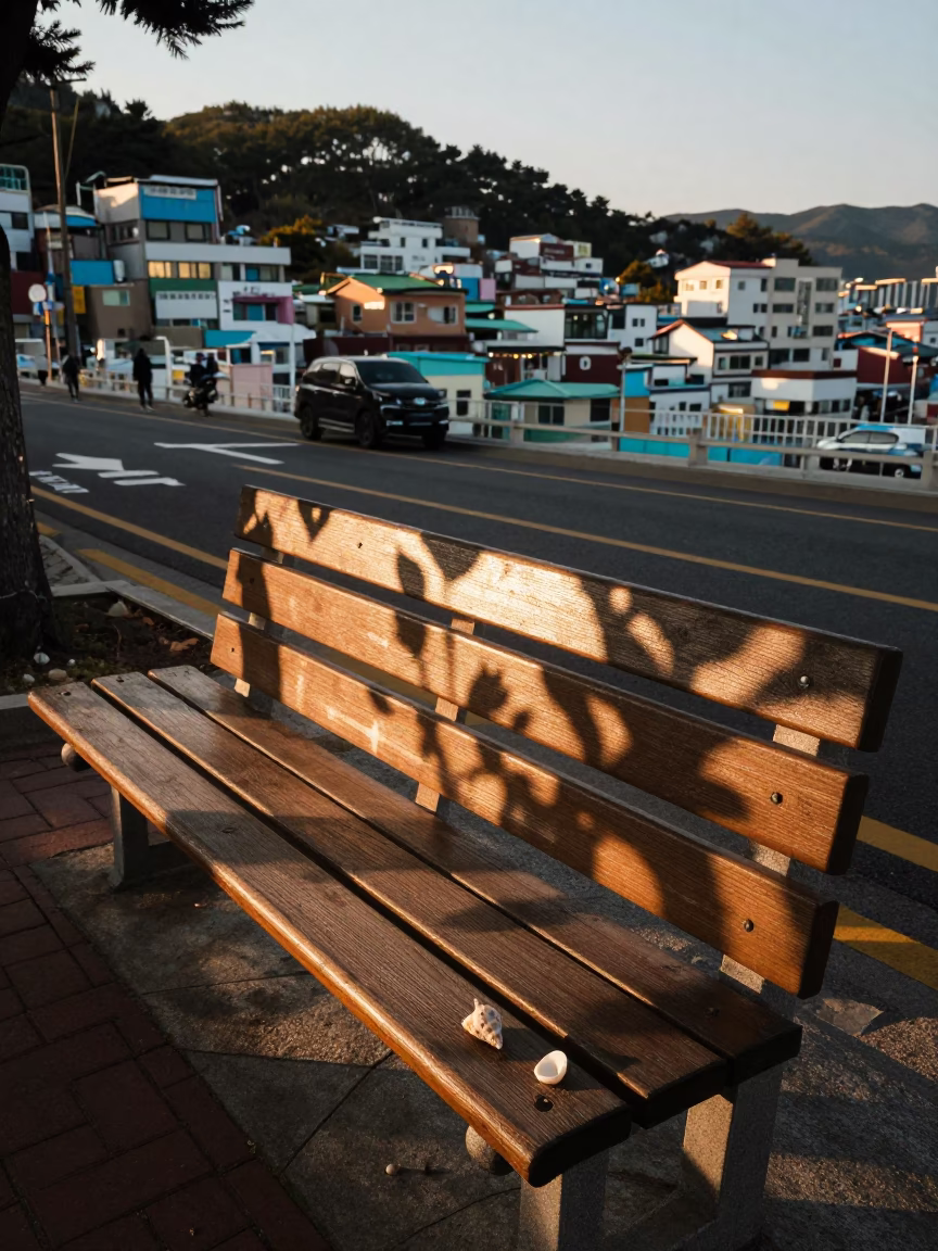Golden Hour Street Scene in Busan South Korea with Leaf Shadows on Bench in in Busan, South Korea