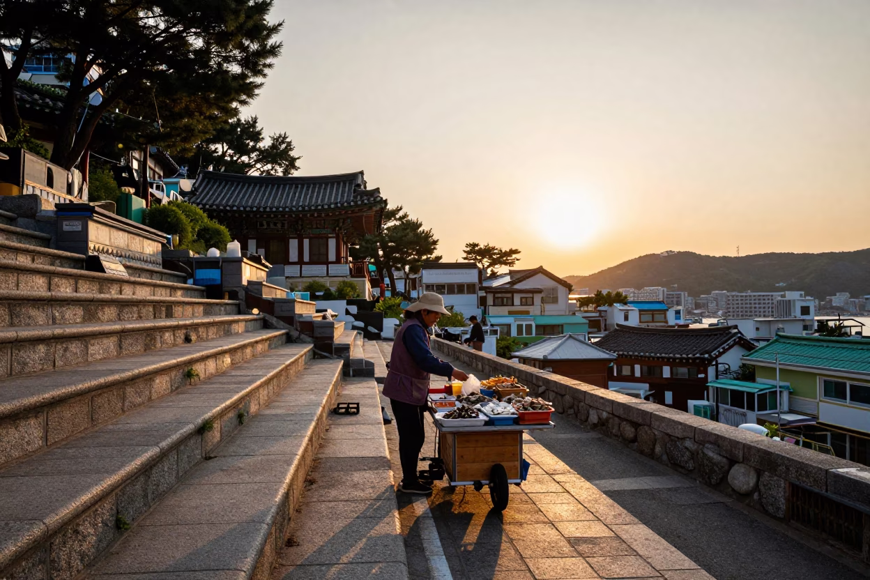 Golden Hour Street Scene in Busan South Korea with Local Life Details in in Busan, South Korea