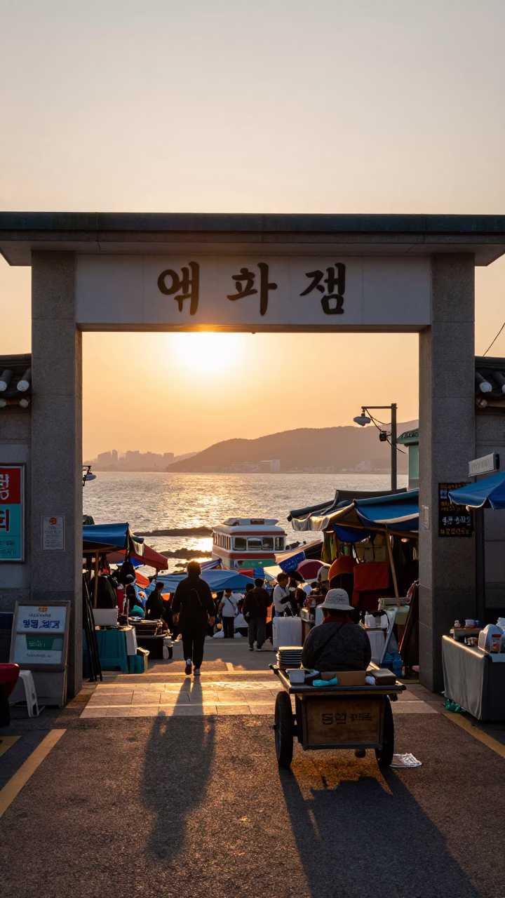 Golden Hour Street Scene in Busan South Korea with Local Market Activity in in Busan, South Korea