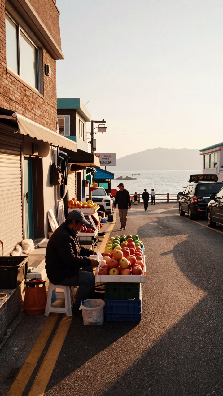 Golden Hour Street Scene in Busan South Korea with Local Vendor and Apples in in Busan, South Korea