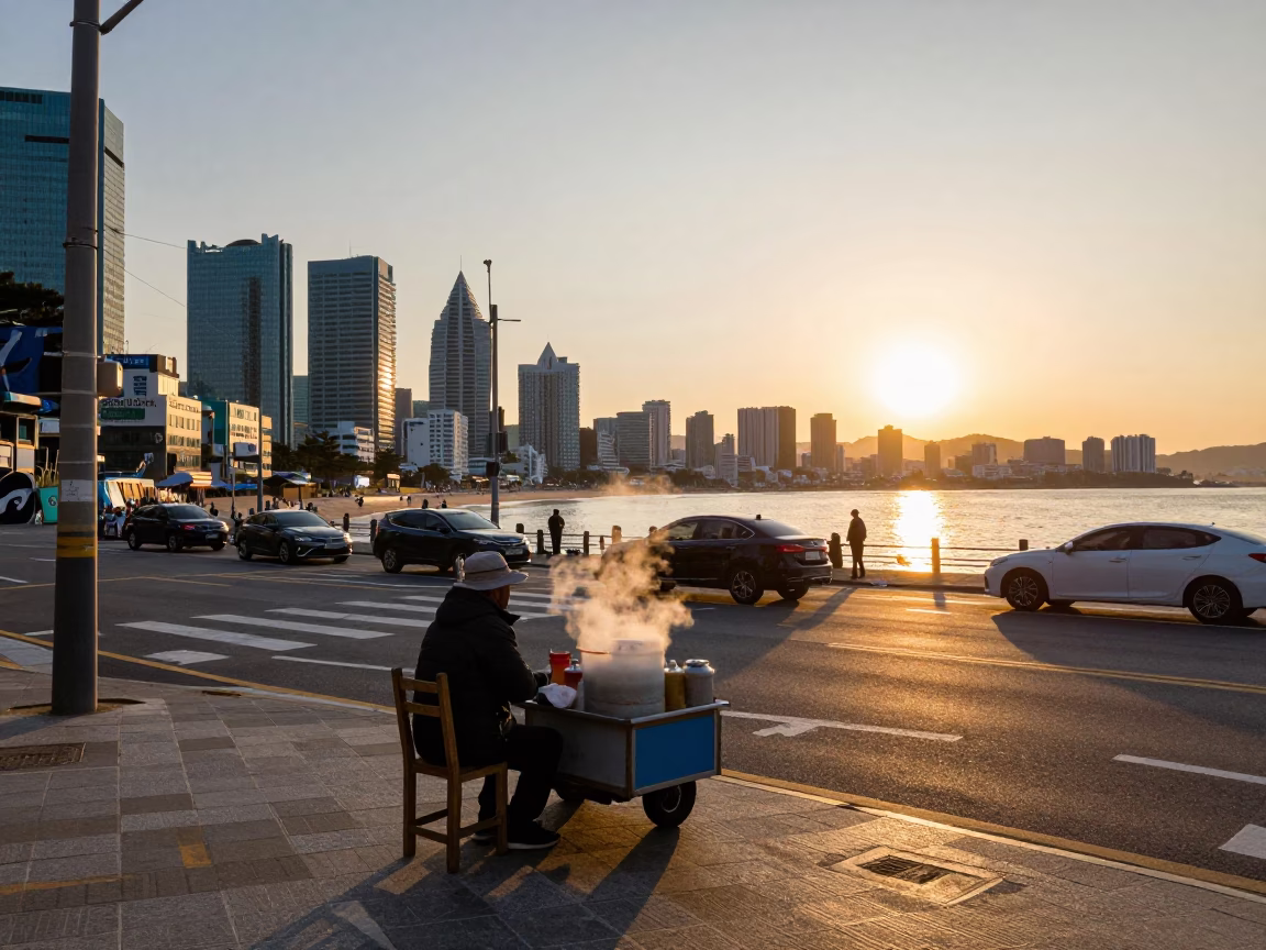 Golden Hour Street Scene in Busan South Korea with Metal Bucket and Chair in in Busan, South Korea