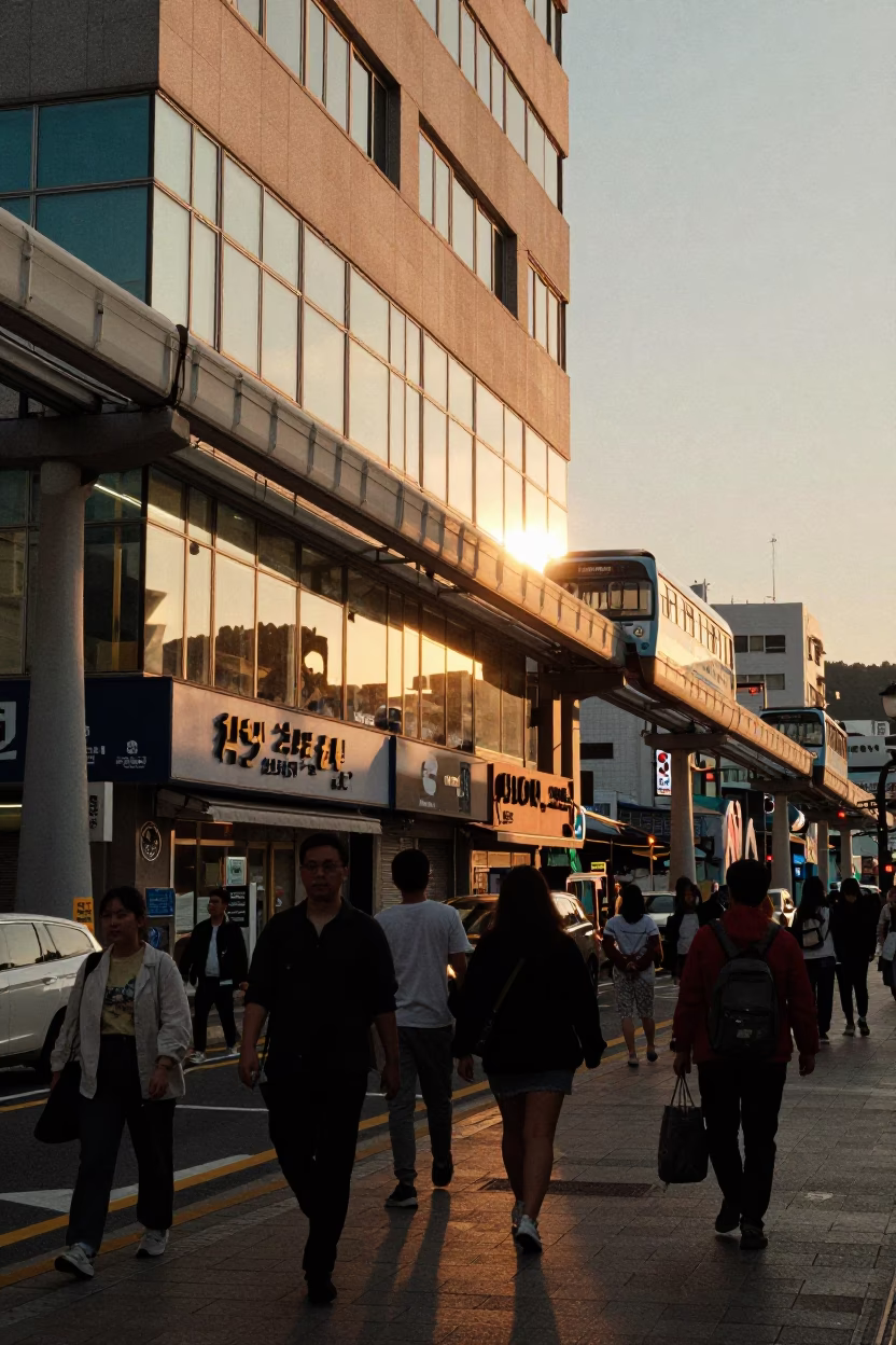 Golden Hour Street Scene in Busan South Korea with Monorail Reflection in in Busan, South Korea