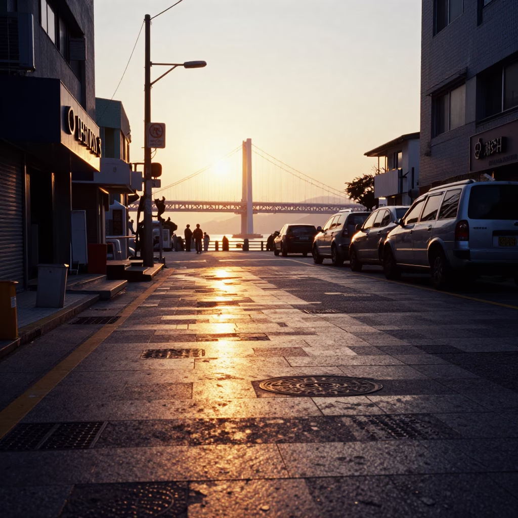 Golden Hour Street Scene in Busan South Korea with Shallow Reflections and Urban Details in in Busan, South Korea