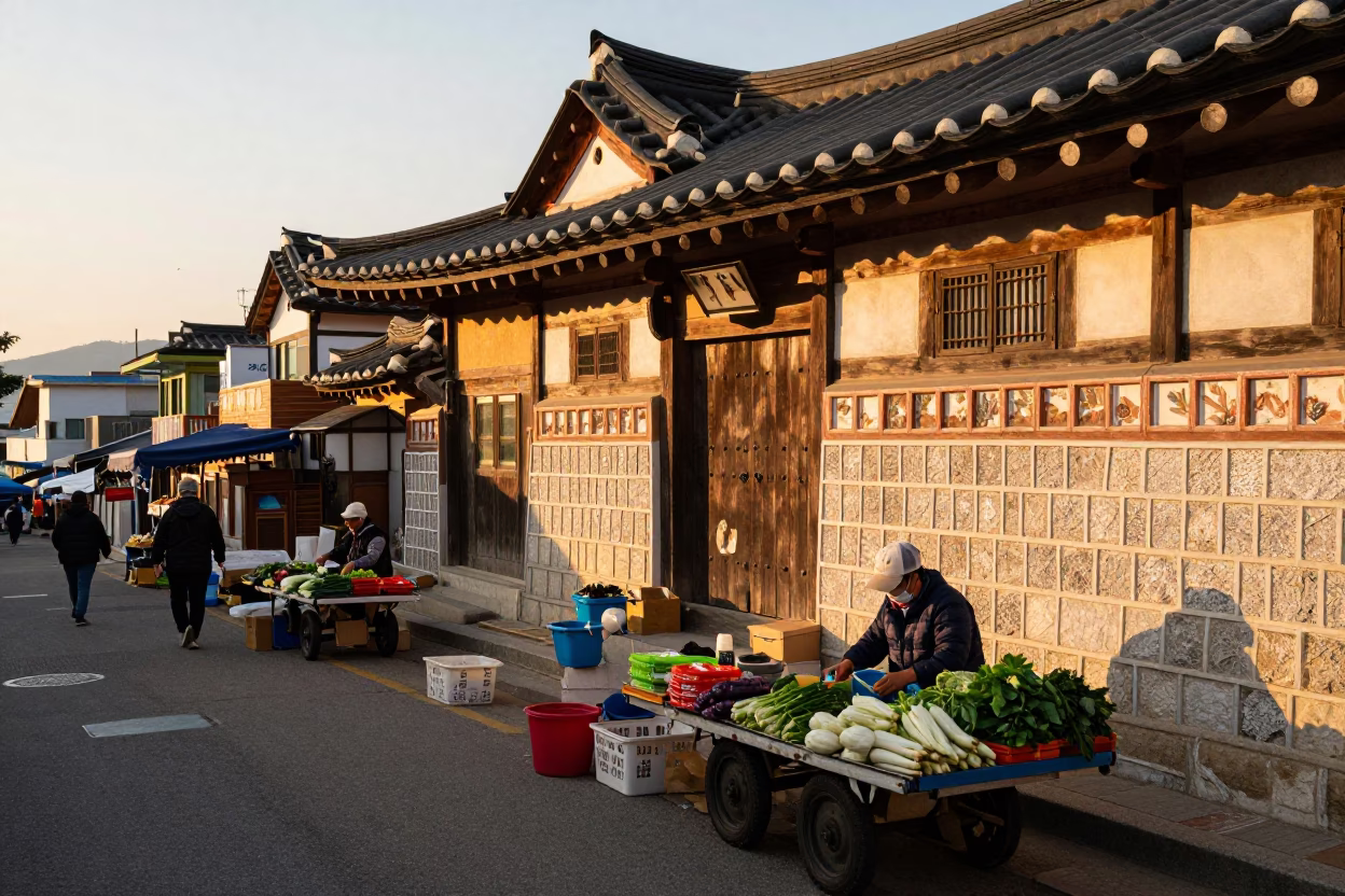 Golden Hour Street Scene in Busan South Korea with Traditional Market Goods in in Busan, South Korea