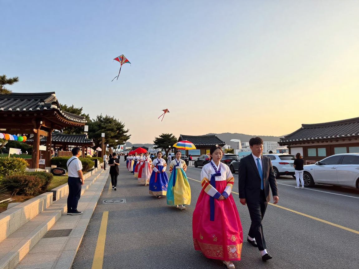 Golden Hour Street Scene in Busan South Korea with Traditional Wedding Procession and Kites in in Busan, South Korea