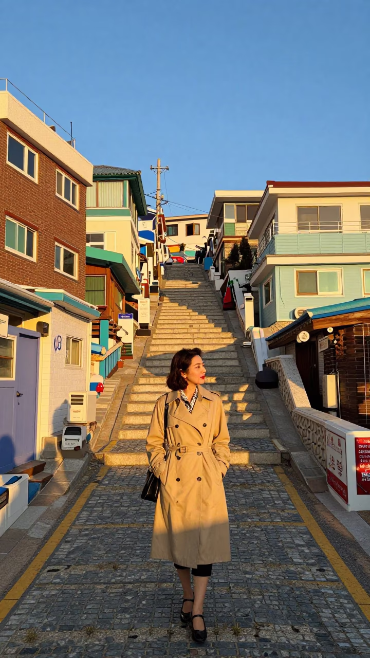 Golden Hour Street Scene in Busan South Korea with Vintage Fashion and Local Life in in Busan, South Korea