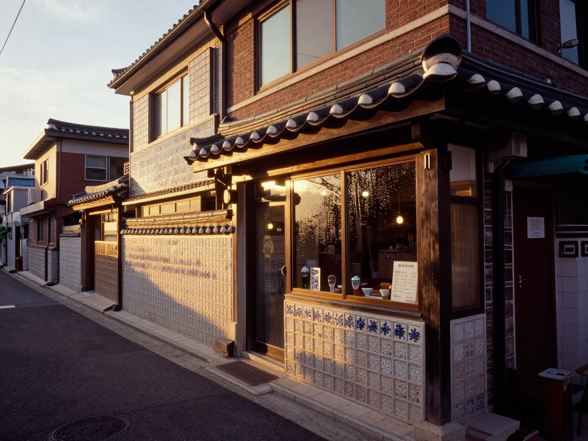 Golden hour street scene in Busan with ceramic tiles and condensation in in Busan, South Korea