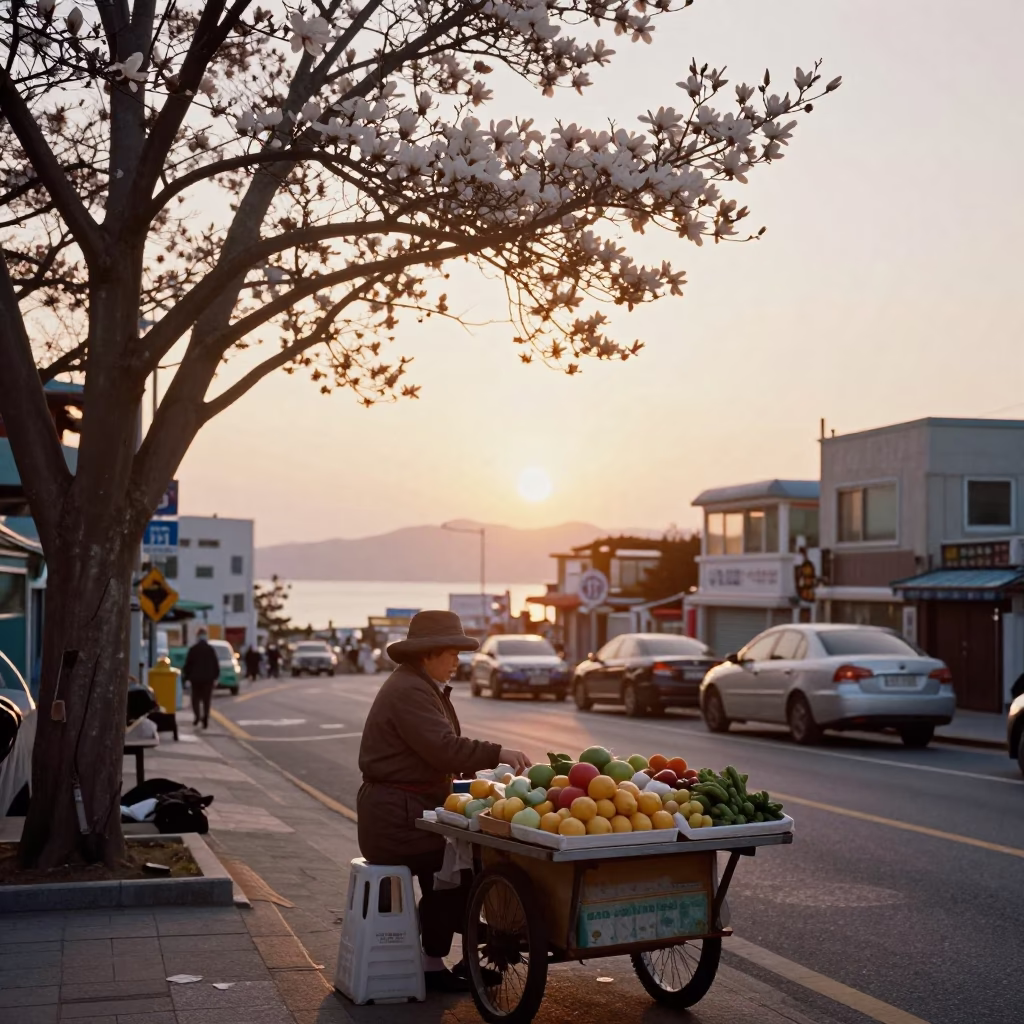 Golden Hour Street Scene in Busan with Magnolia Tree and Gondola Lift in in Busan, South Korea