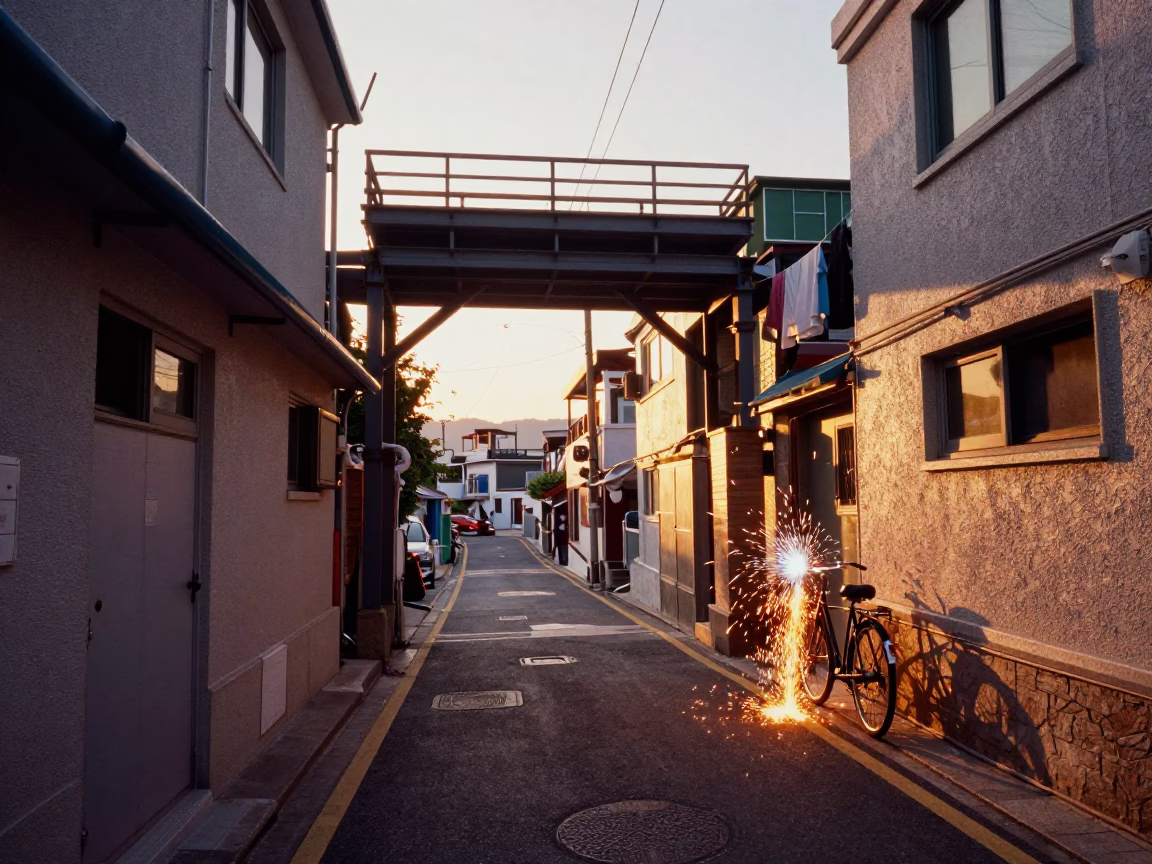 Golden Hour Street Scene in Busan with Welding Sparks and Bicycle in in Busan, South Korea