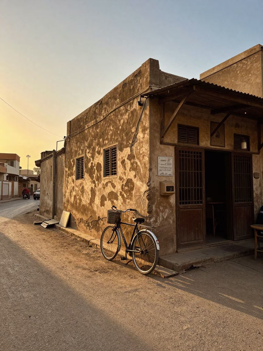 Golden Hour Street Scene in Cairo Egypt with Bicycle and Tea Stains in in Cairo, Egypt