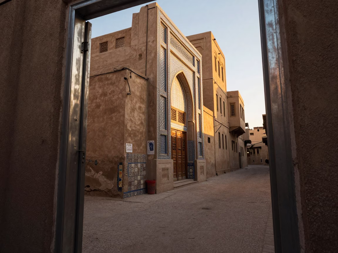 Golden Hour Street Scene in Cairo Egypt with Brushed Steel Doorframe and Traditional Architecture in in Cairo, Egypt