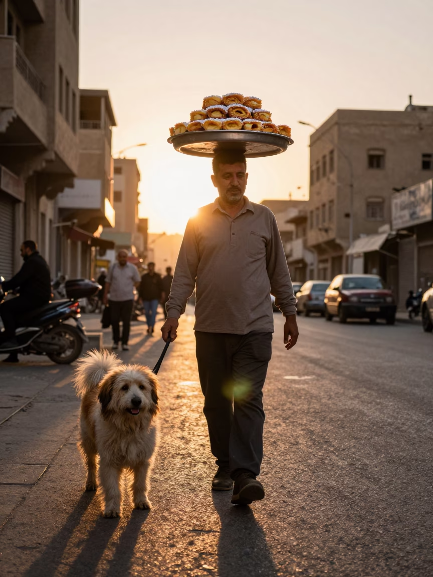 Golden Hour Street Scene in Cairo Egypt with Knafeh and Tibetan Spaniel in in Cairo, Egypt