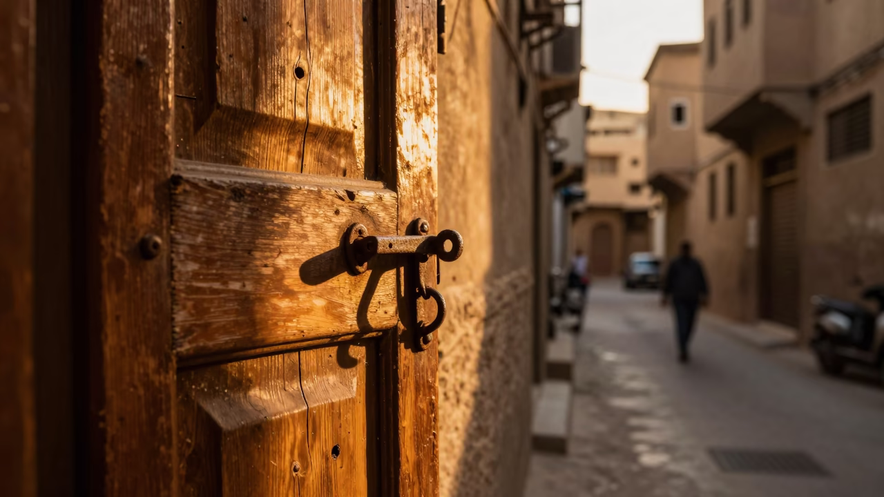 Golden Hour Street Scene in Cairo Egypt with Latch Detail and Sunlight in in Cairo, Egypt