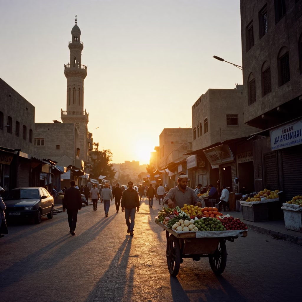 Golden Hour Street Scene in Cairo Egypt with Minaret and Market Stalls in in Cairo, Egypt