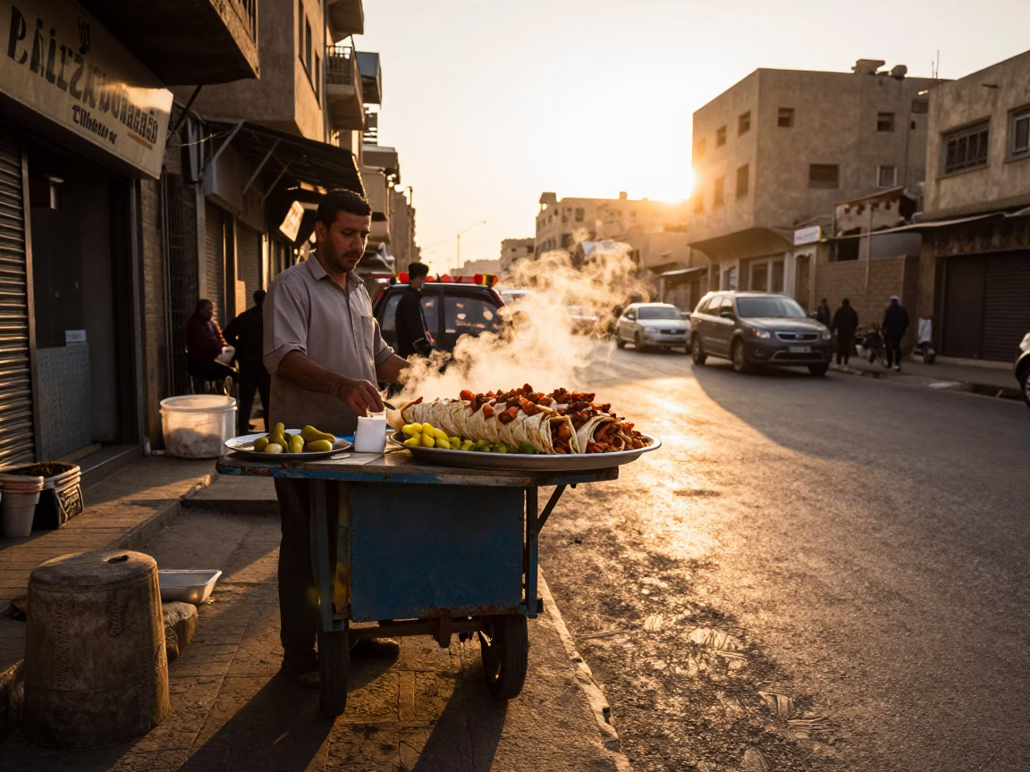 Golden Hour Street Scene in Cairo Egypt with Plate of Chicken Shawarma and Grapes in in Cairo, Egypt