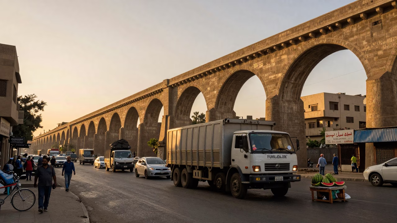 Golden Hour Street Scene in Cairo Egypt with Railway Viaduct and Watermelon Vendor in in Cairo, Egypt
