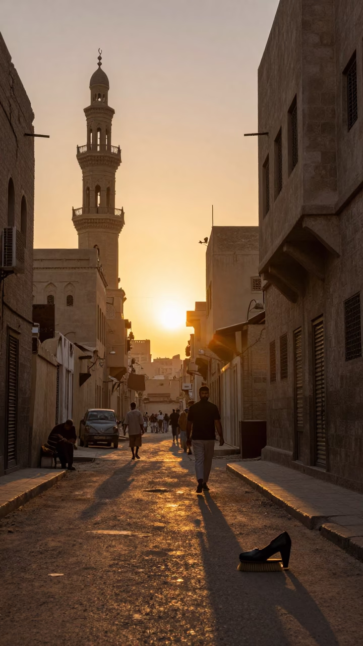 Golden Hour Street Scene in Cairo Egypt with Shoe Brush and Rusty Rail in in Cairo, Egypt