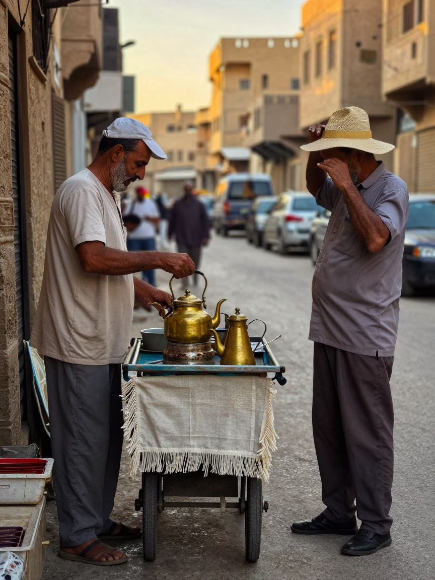 Golden Hour Street Scene in Cairo Egypt with Tea Kettle and Linen Fringe Details in in Cairo, Egypt
