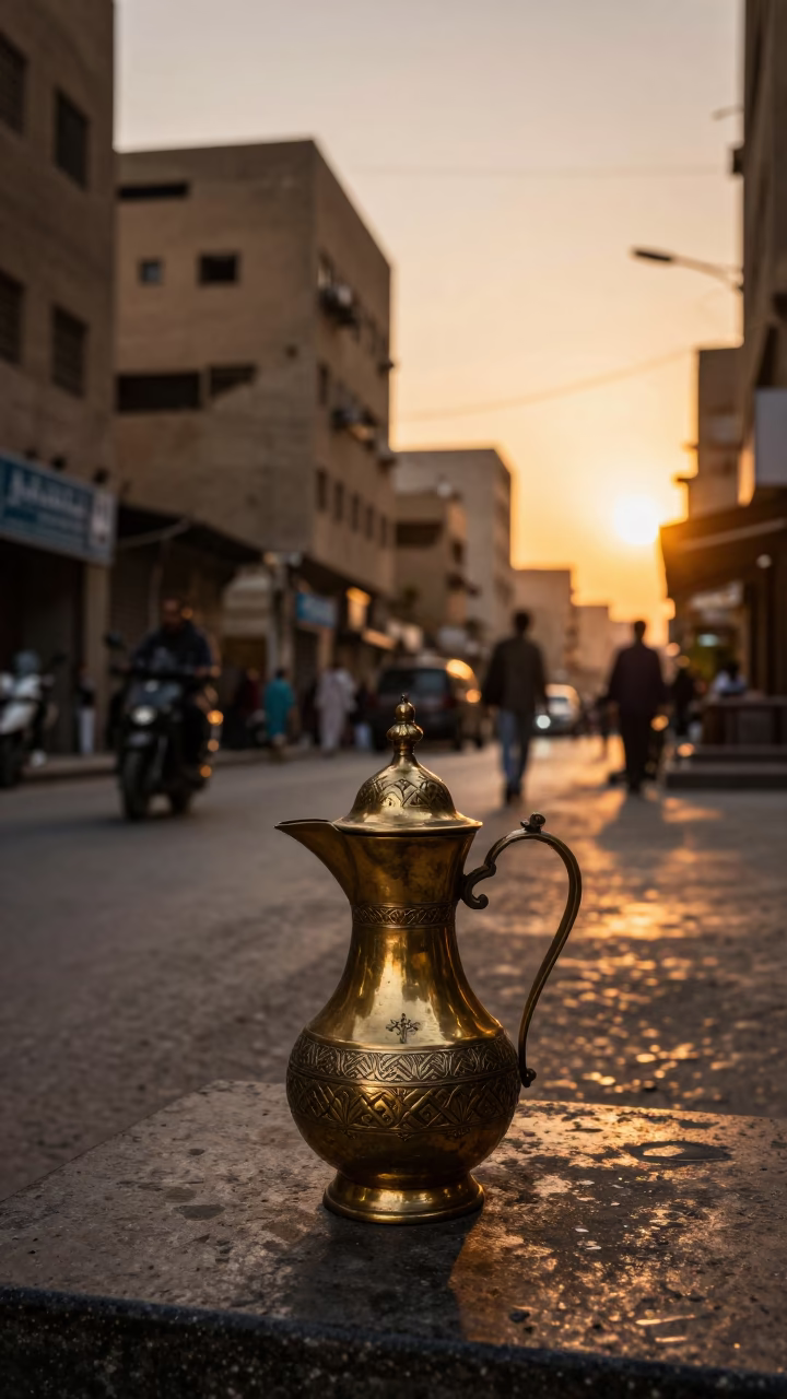 Golden Hour Street Scene in Cairo Egypt with Traditional Tea Service and Urban Background in in Cairo, Egypt