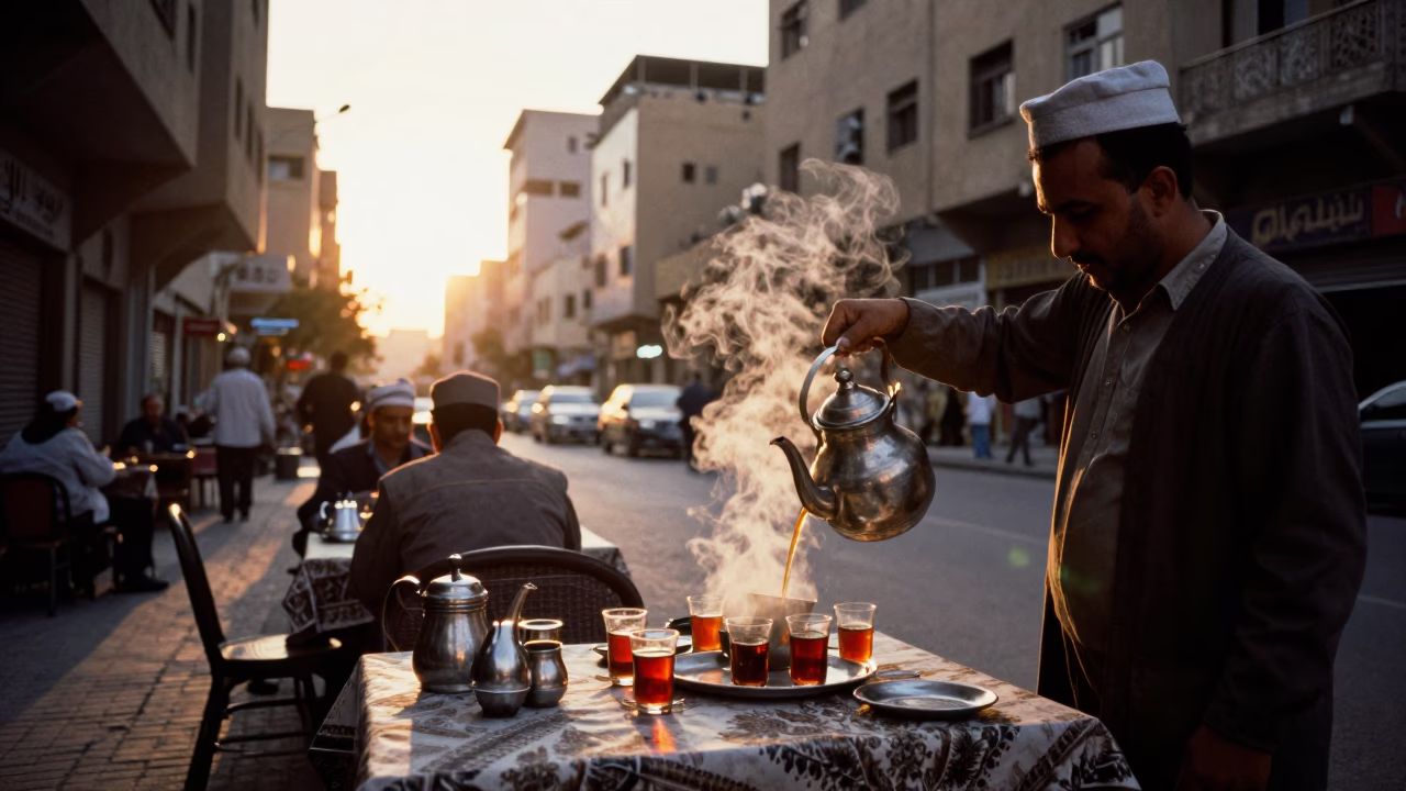 Golden Hour Street Scene in Cairo Egypt with Traditional Tea Service and Urban Life in in Cairo, Egypt