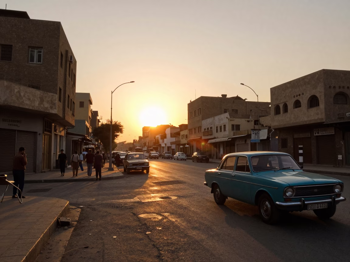 Golden Hour Street Scene in Cairo Egypt with Vintage 1970s Aesthetic and Local Life in in Cairo, Egypt