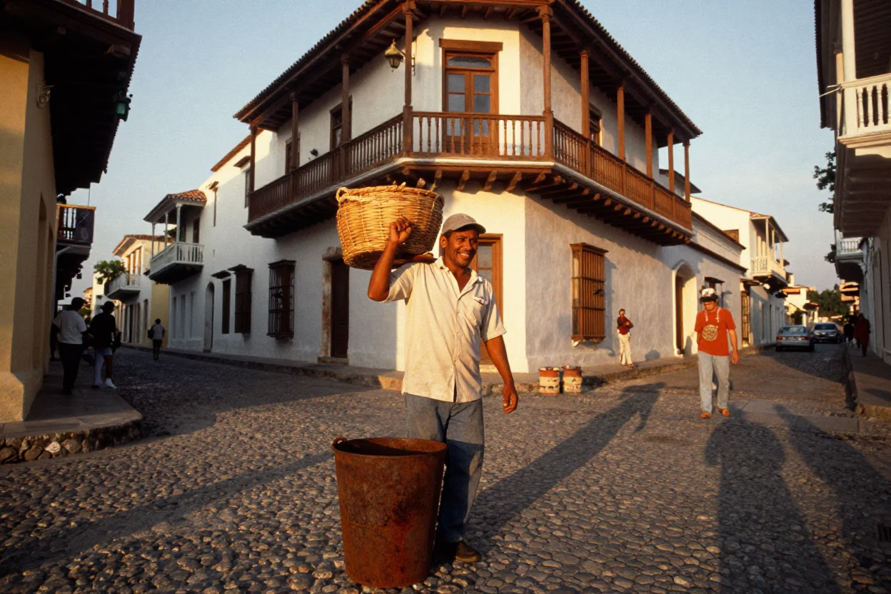 Golden Hour Street Scene in Cartagena Colombia with Baker and Rusty Bucket in in Cartagena, Colombia