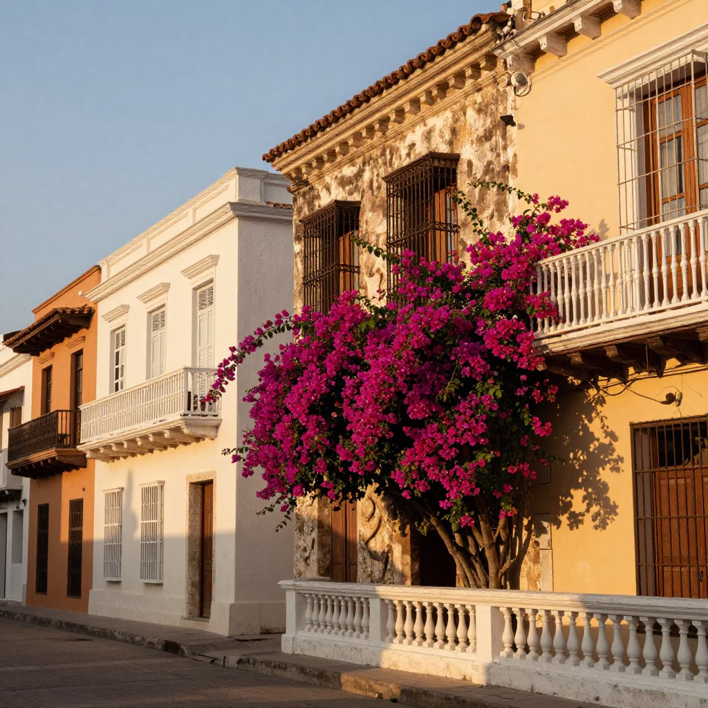 Golden Hour Street Scene in Cartagena Colombia with Bougainvillea and Local Life in in Cartagena, Colombia