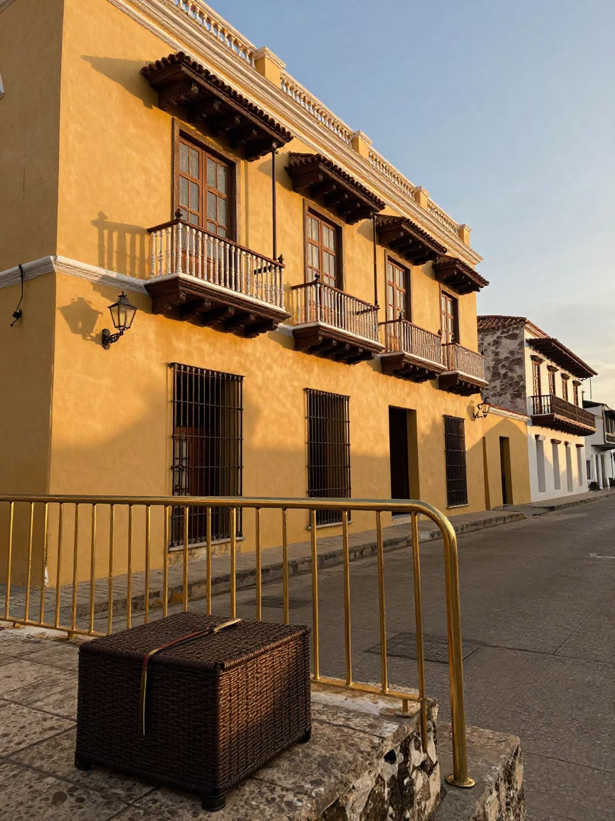 Golden Hour Street Scene in Cartagena Colombia with Brass Rail and Hatbox in in Cartagena, Colombia