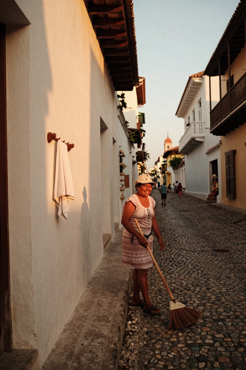 Golden Hour Street Scene in Cartagena Colombia with Broom and Towel Hook in in Cartagena, Colombia