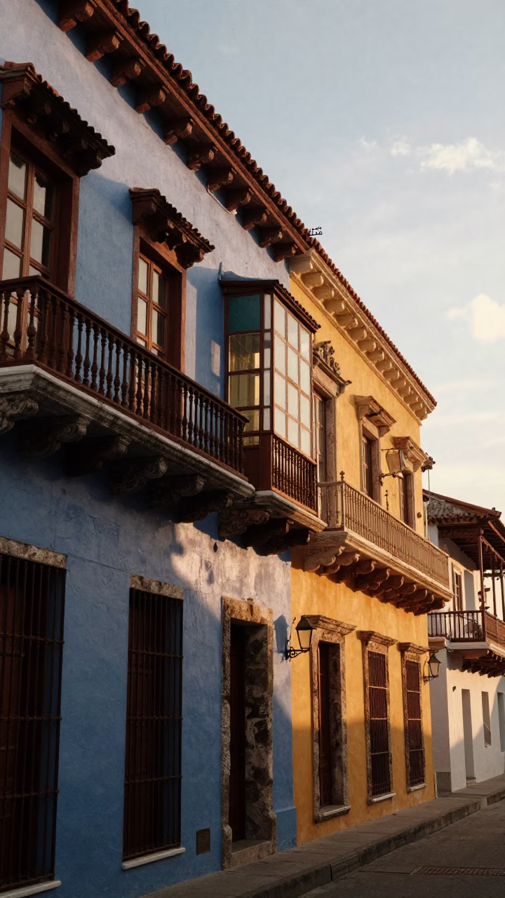 Golden Hour Street Scene in Cartagena Colombia with Colorful Colonial Balconies and Glass Bottles in in Cartagena, Colombia
