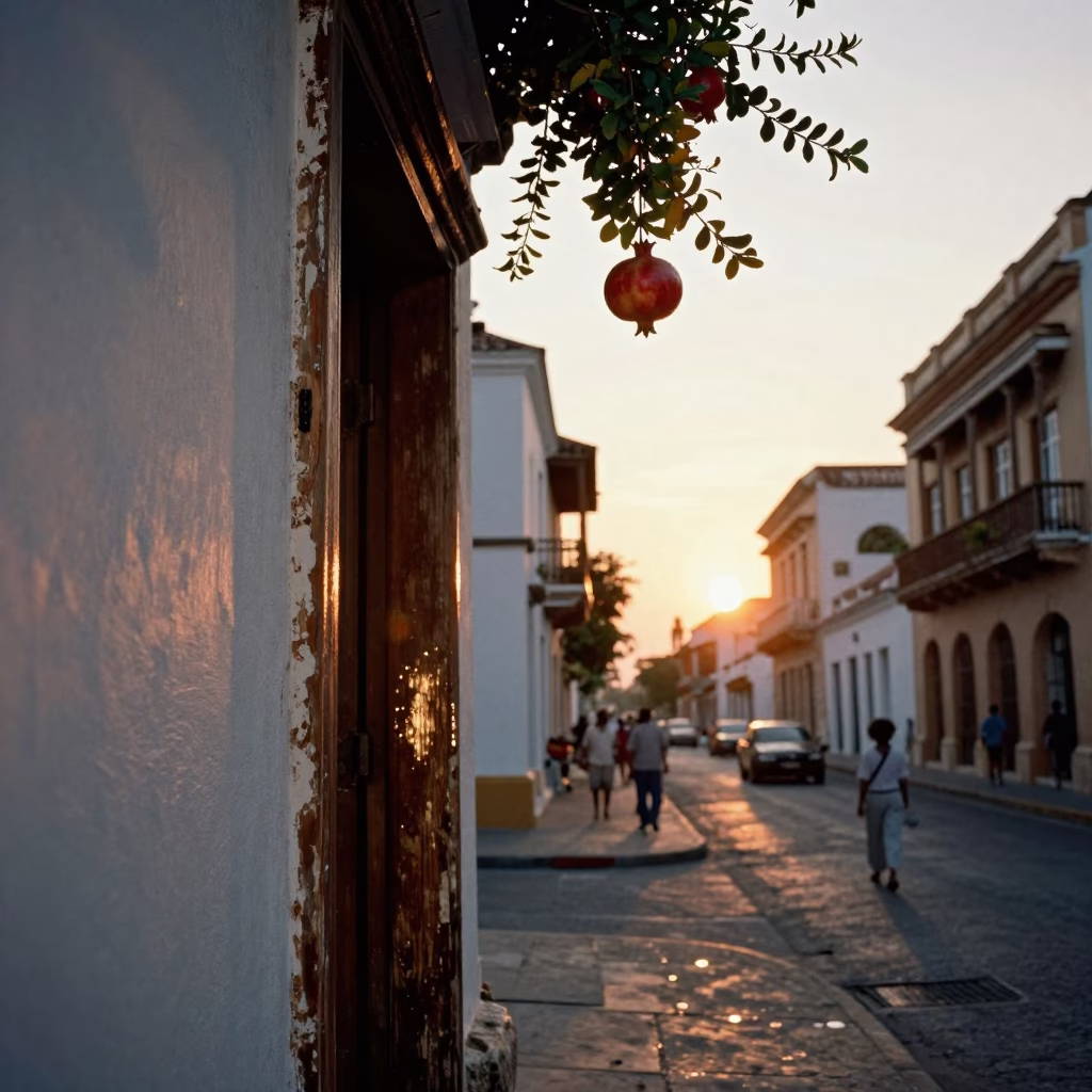 Golden Hour Street Scene in Cartagena Colombia with Doorframe and Pomegranate in in Cartagena, Colombia