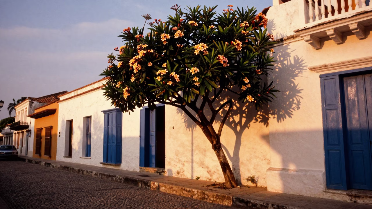 Golden Hour Street Scene in Cartagena Colombia with Frangipani Bloom and Spindle Chair in in Cartagena, Colombia
