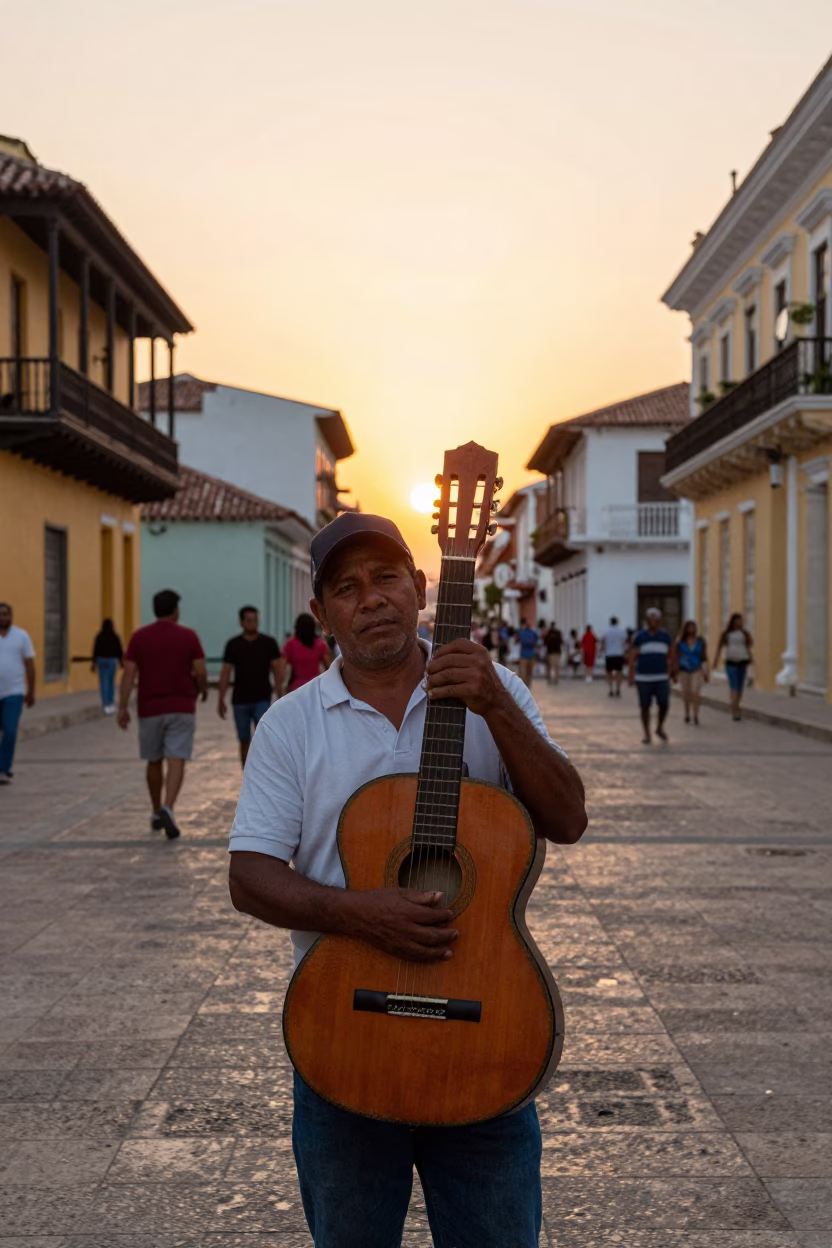 Golden Hour Street Scene in Cartagena Colombia with Guitar and Rusty Details in in Cartagena, Colombia