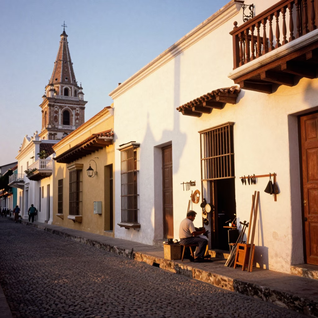 Golden Hour Street Scene in Cartagena Colombia with Local Craftsman and Tools in in Cartagena, Colombia