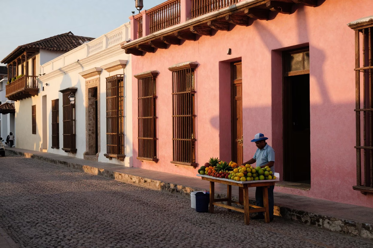 Golden Hour Street Scene in Cartagena Colombia with Local Dining and Colonial Architecture in in Cartagena, Colombia