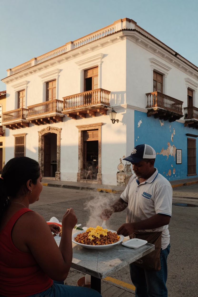 Golden Hour Street Scene in Cartagena Colombia with Local Food and Art in in Cartagena, Colombia
