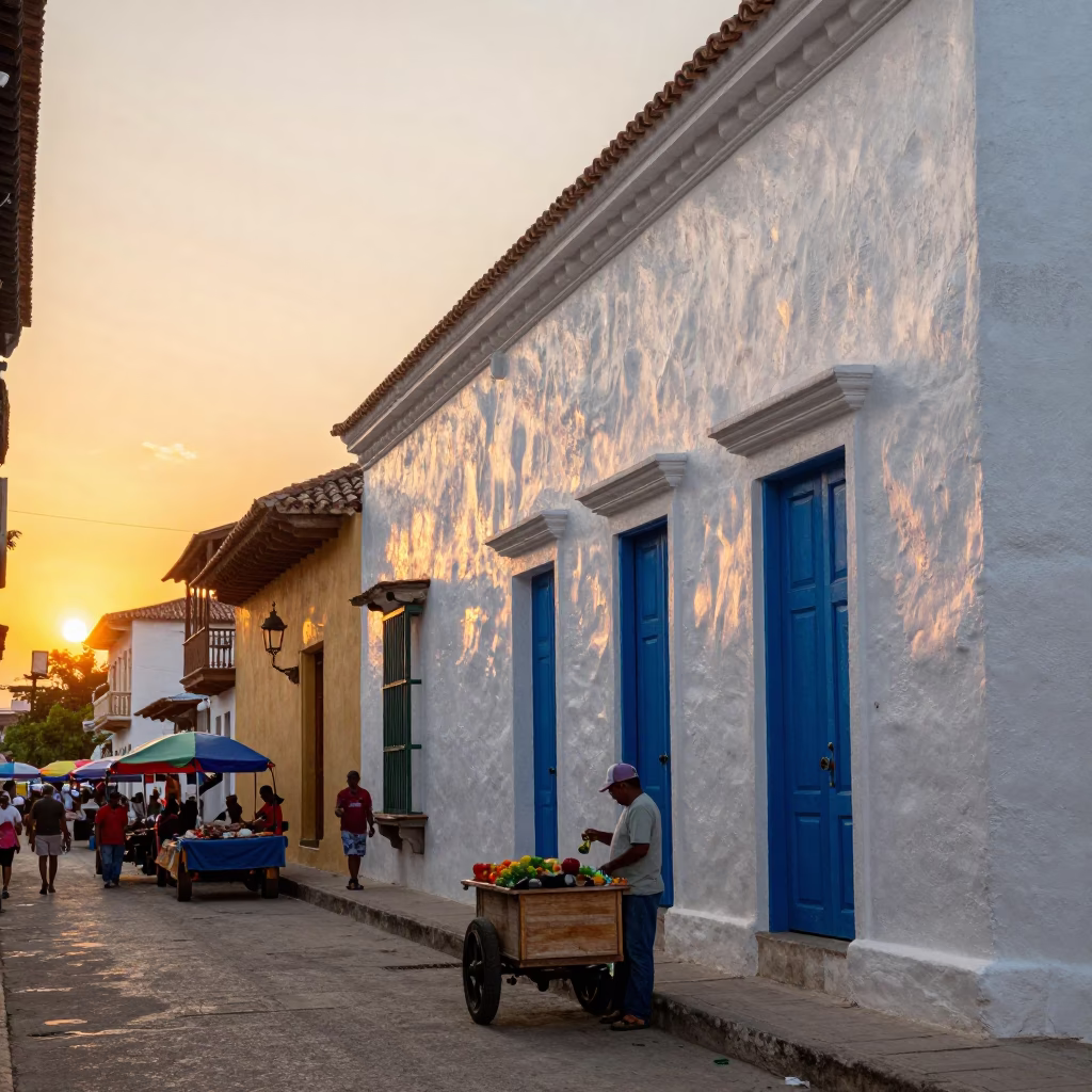 Golden Hour Street Scene in Cartagena Colombia with Local Market Activity in in Cartagena, Colombia