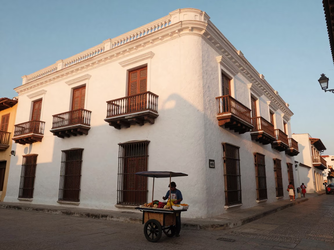 Golden Hour Street Scene in Cartagena Colombia with Local Vendor and Traditional Foods in in Cartagena, Colombia