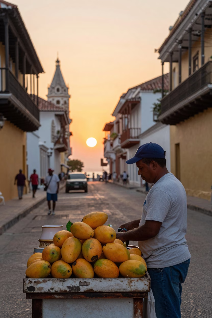 Golden Hour Street Scene in Cartagena Colombia with Mangoes and Ceramic Bowl in in Cartagena, Colombia