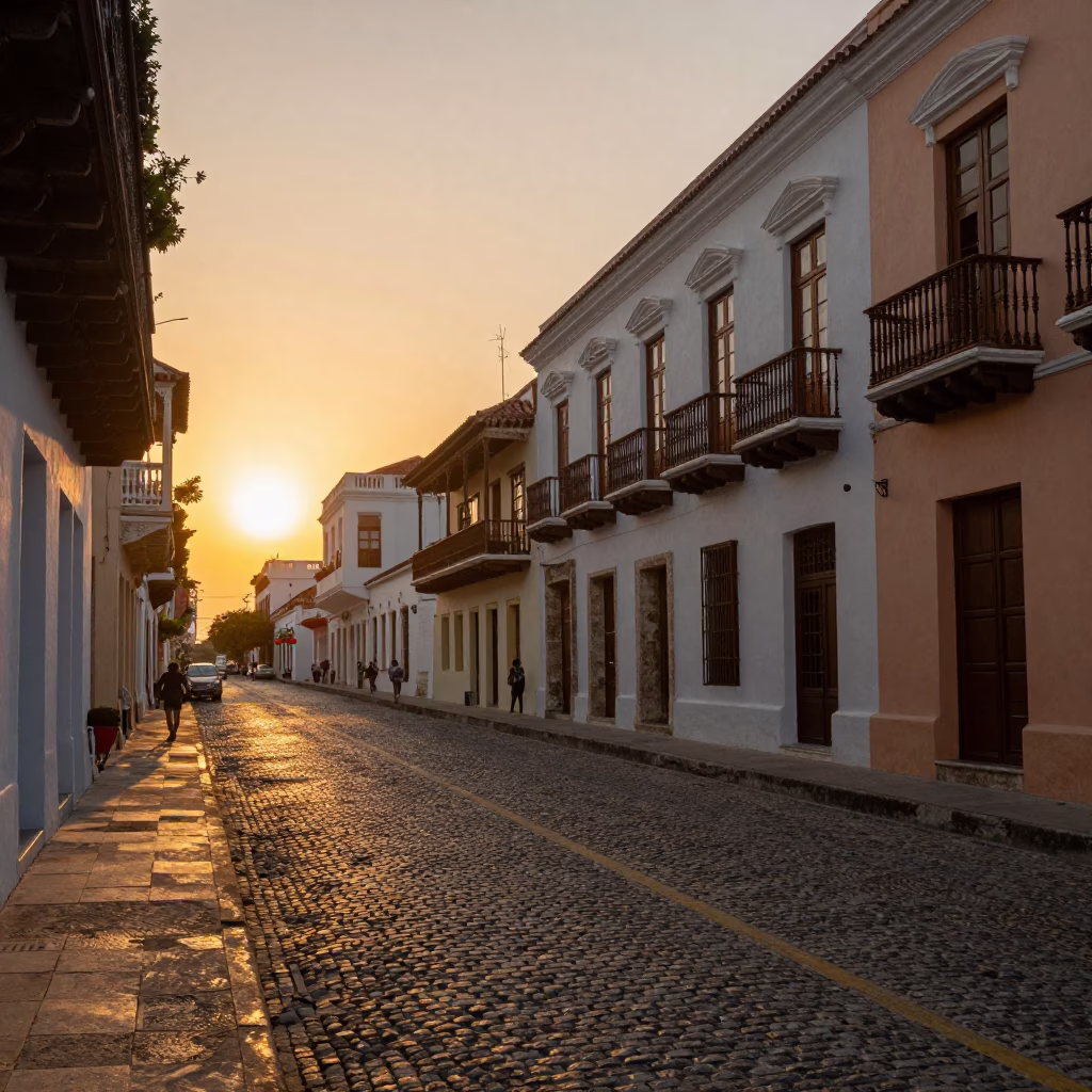 Golden Hour Street Scene in Cartagena Colombia with Paperbacks and Colonial Architecture in in Cartagena, Colombia
