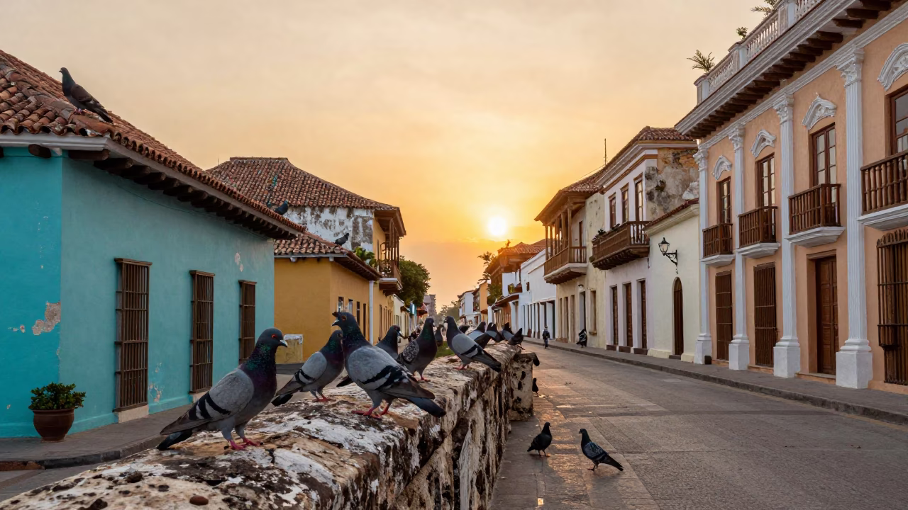 Golden Hour Street Scene in Cartagena Colombia with Pigeons on Colonial Balconies in in Cartagena, Colombia